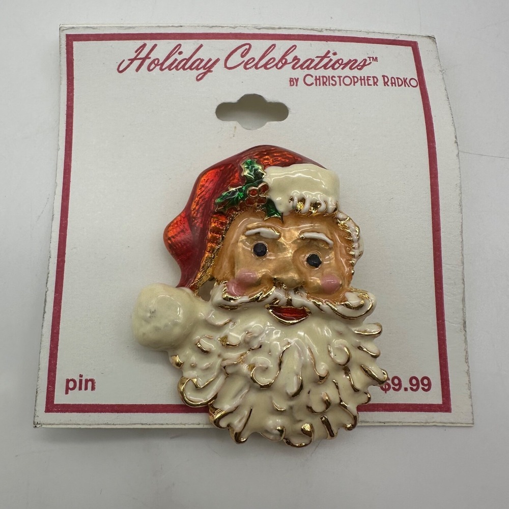 Brooch Pin Holiday Creations By Christopher Radko Rhinestone Christmas Santa NEW